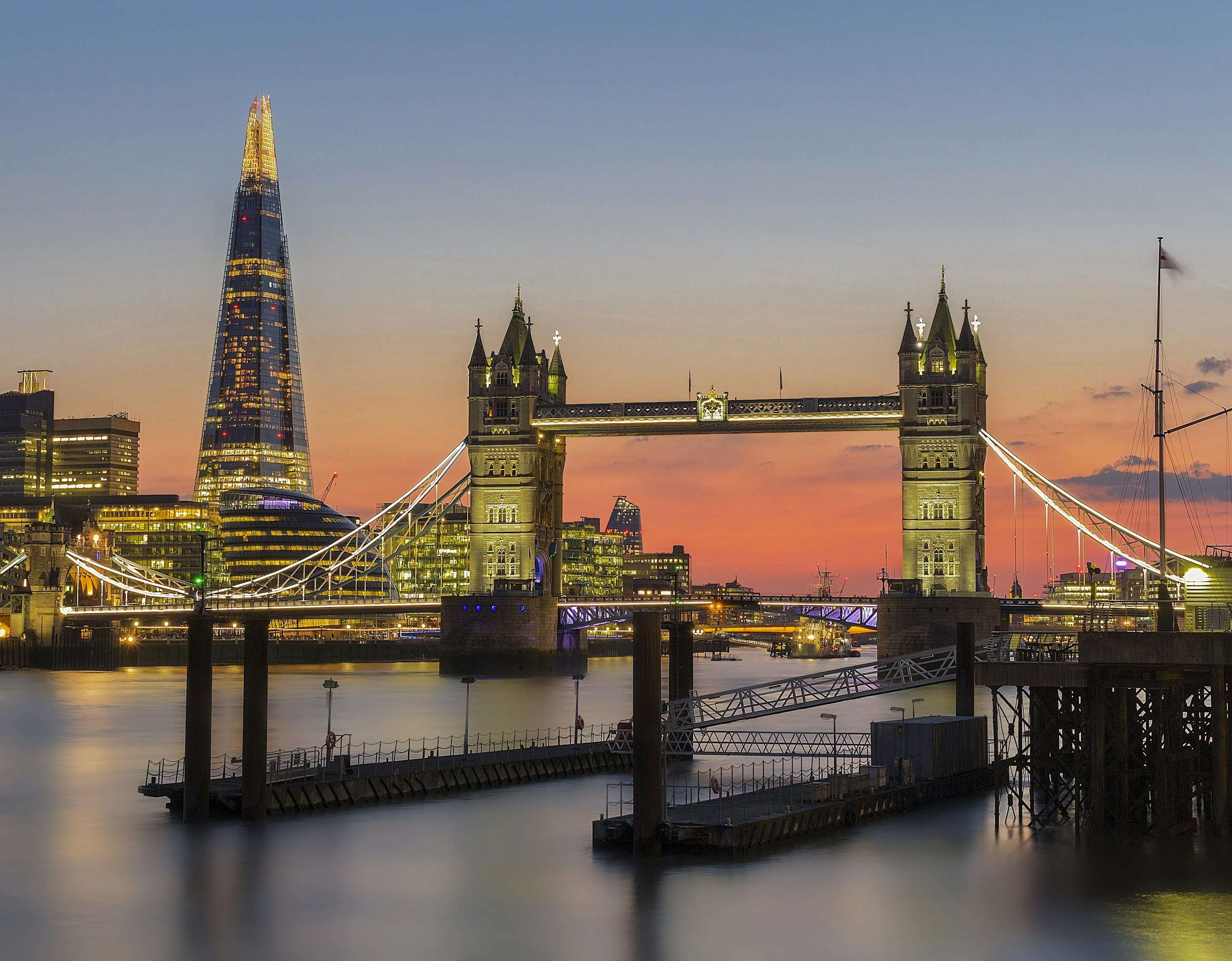 The Shard and Tower Bridge at dusk